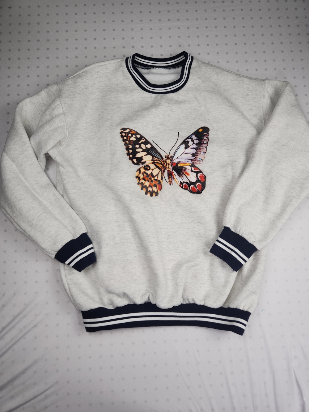 Butterfly Graphic Crewneck Sweater - Light Gray with Navy Trim Medium